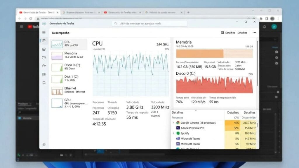 Gerenciador de Tarefas mostrando uso de memória RAM CPU e disco no notebook