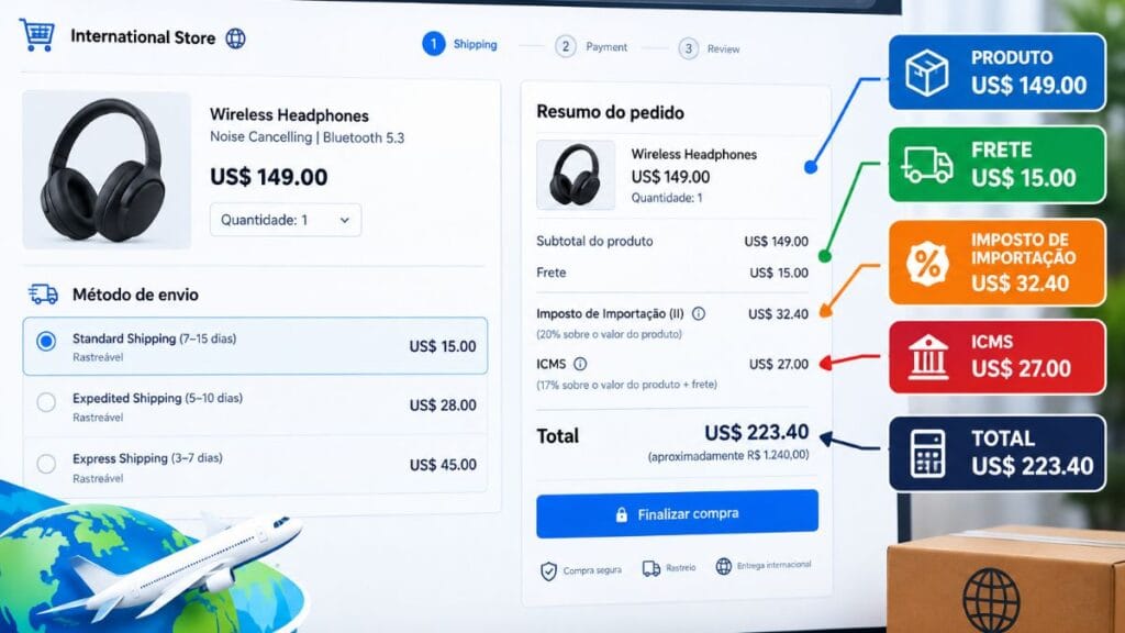 checkout de compra internacional com impostos discriminados