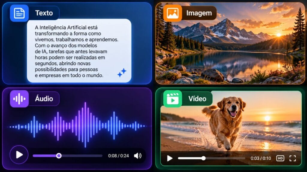tipos de inteligência artificial generativa texto imagem áudio vídeo