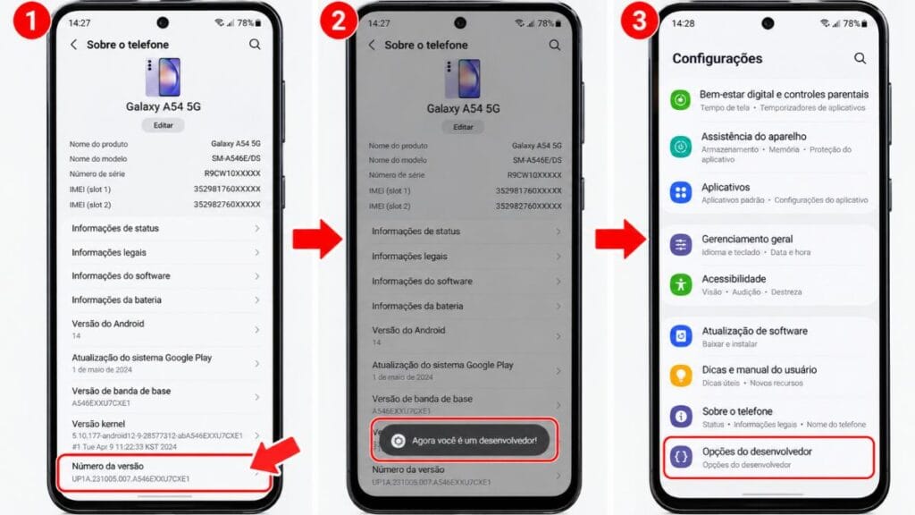 tivar modo desenvolvedor Android número da versão sete toques