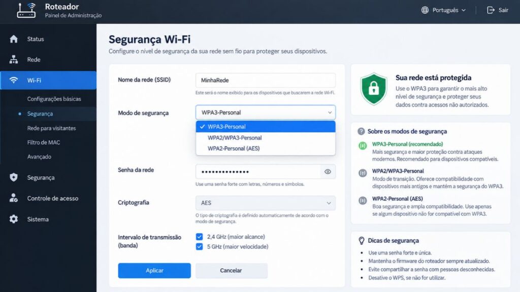 configuração WPA2 WPA3 painel roteador segurança