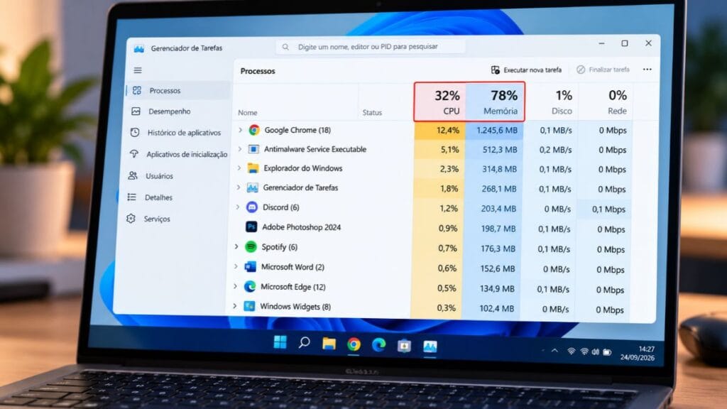 gerenciador de tarefas Windows mostrando causa de notebook lento