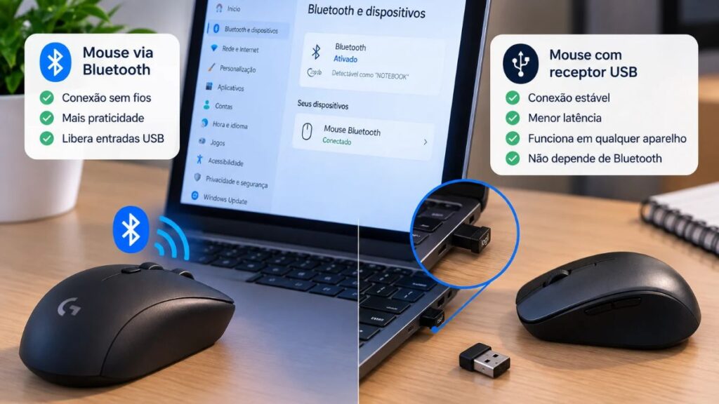 mouse sem fio bluetooth vs receptor USB notebook