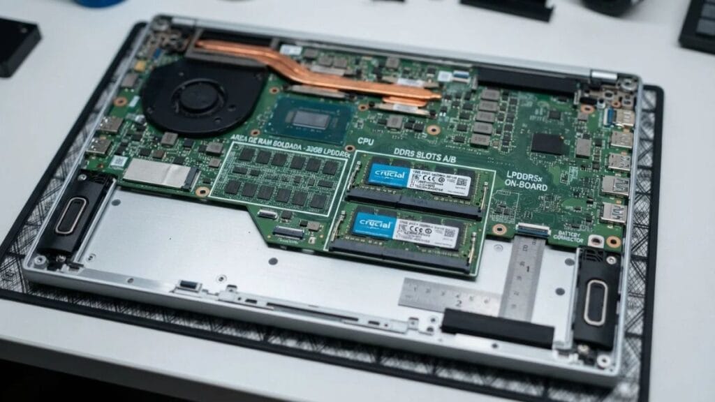 slots SO-DIMM e memória RAM soldada em notebook